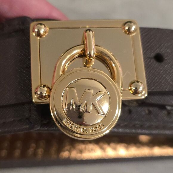 Michael Kors Genuine Brown Leather Perforated Belt Logo Lock Buckle L - Picture 2 of 8